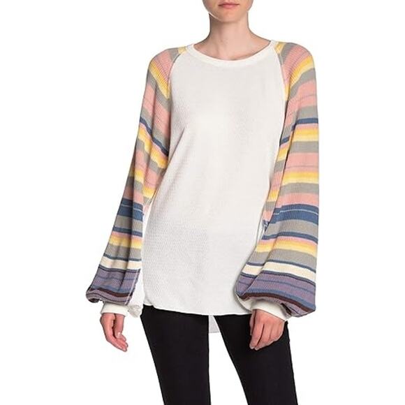 Free People Women's Striped Knit Tunic Top Balloon Sleeve Multicolor Size Small - Picture 1 of 8